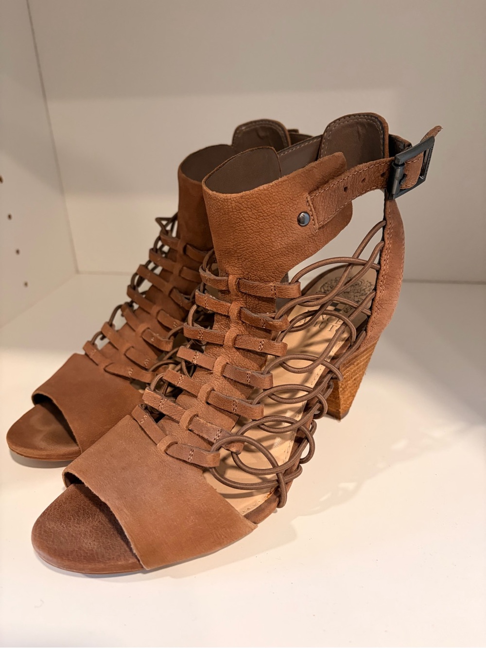 Vince Camuto Tan Brown Lace-Up Wedge Sandals